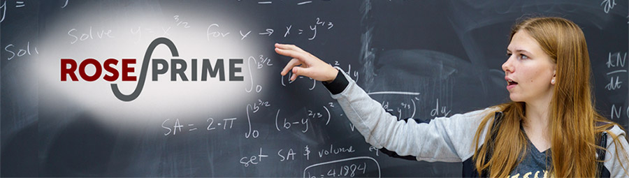 A college student points to a chalkboard with formulas and copy that reads Rose Prime.